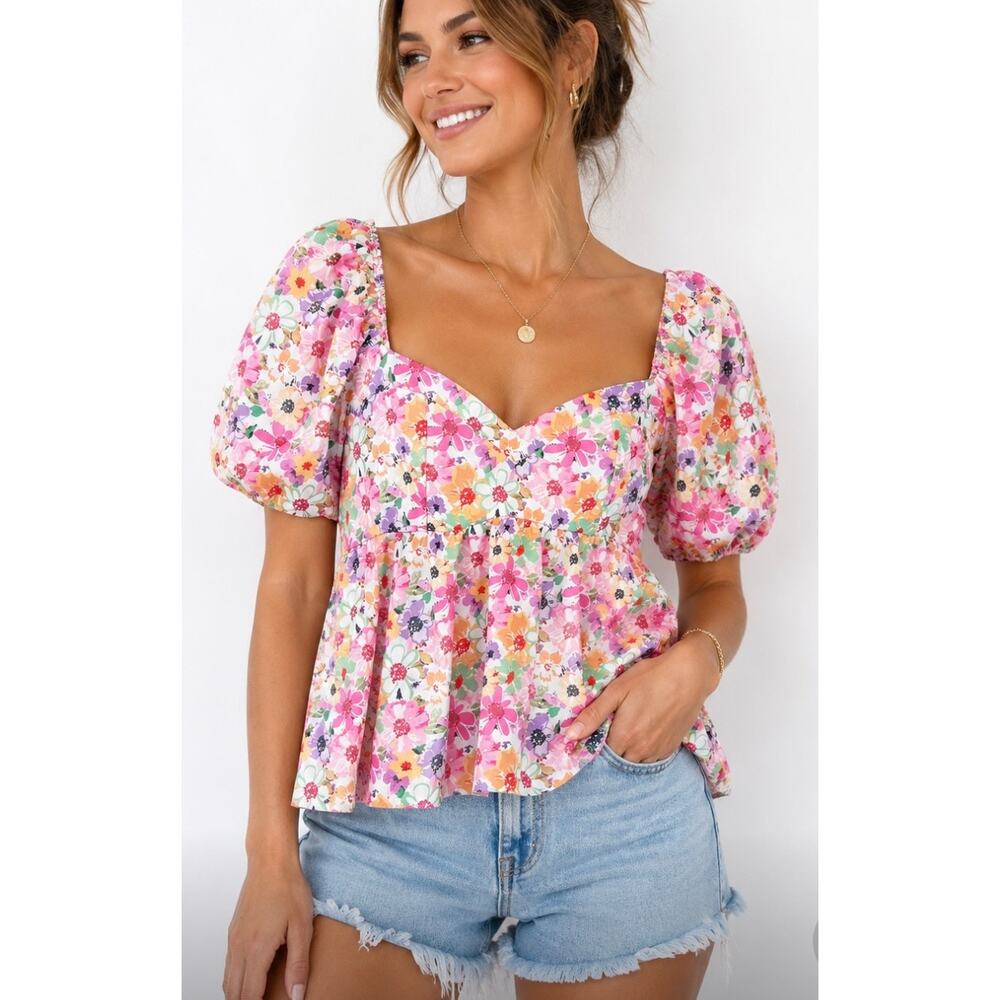Floerns Floral Puff Sleeve Babydoll Top XL Cottagecore Coquette Peplum Blouse
